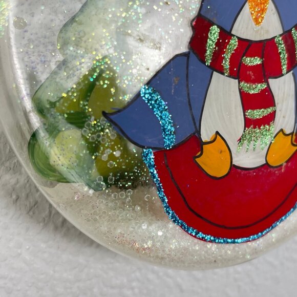 Christmas Ornament Penguin Sledding Clear Snow Inside Round Glittery Holiday - Picture 4 of 4